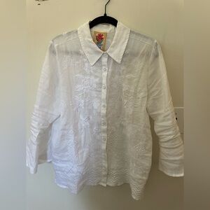 Johnny Was Embroidered Linen Ruffle Sleeve Shirt